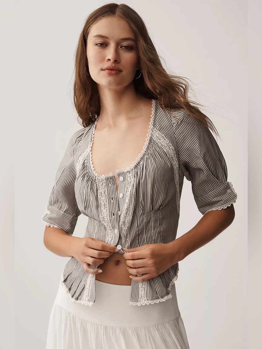 Anthropologie Short Sleeve Pintuck Button Front Blouse Medium